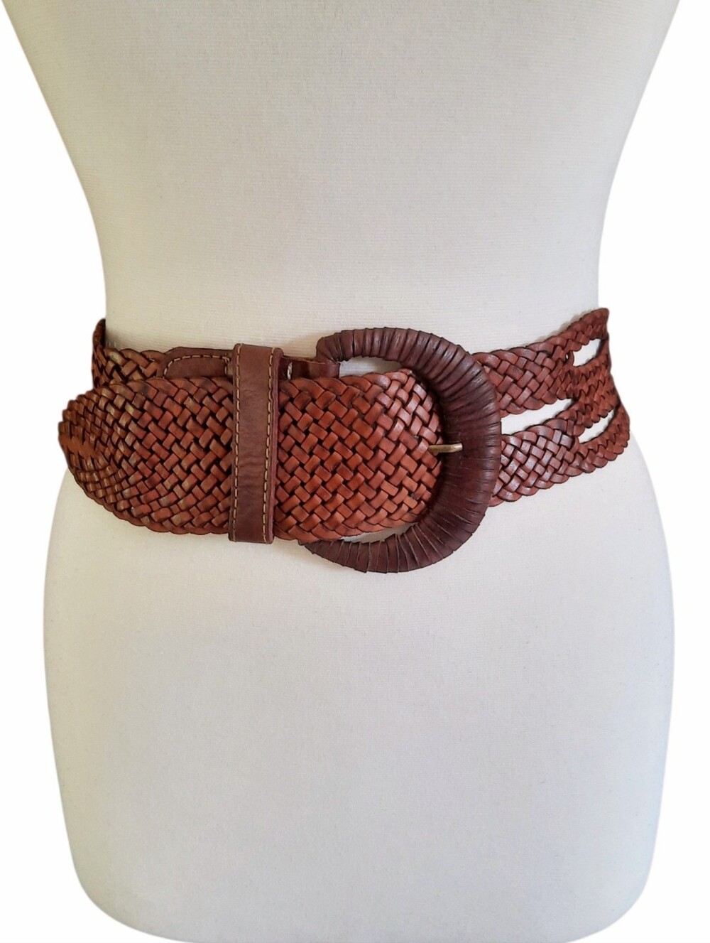 Vtg MOTIF 56 Brown Wide Woven Braided Leather Belt w/Wrapped Leather Buckle Sz M